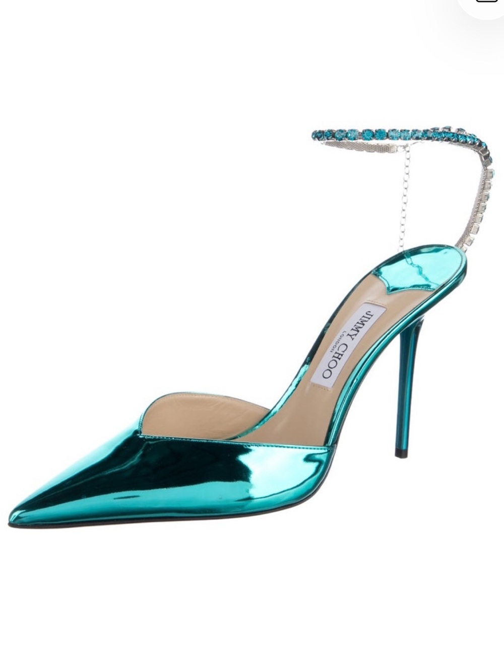 Jimmy Choo Saeda 100 Metallic Teal Pointed Toe Heels with Crystal Anklet - Picture 2 of 16